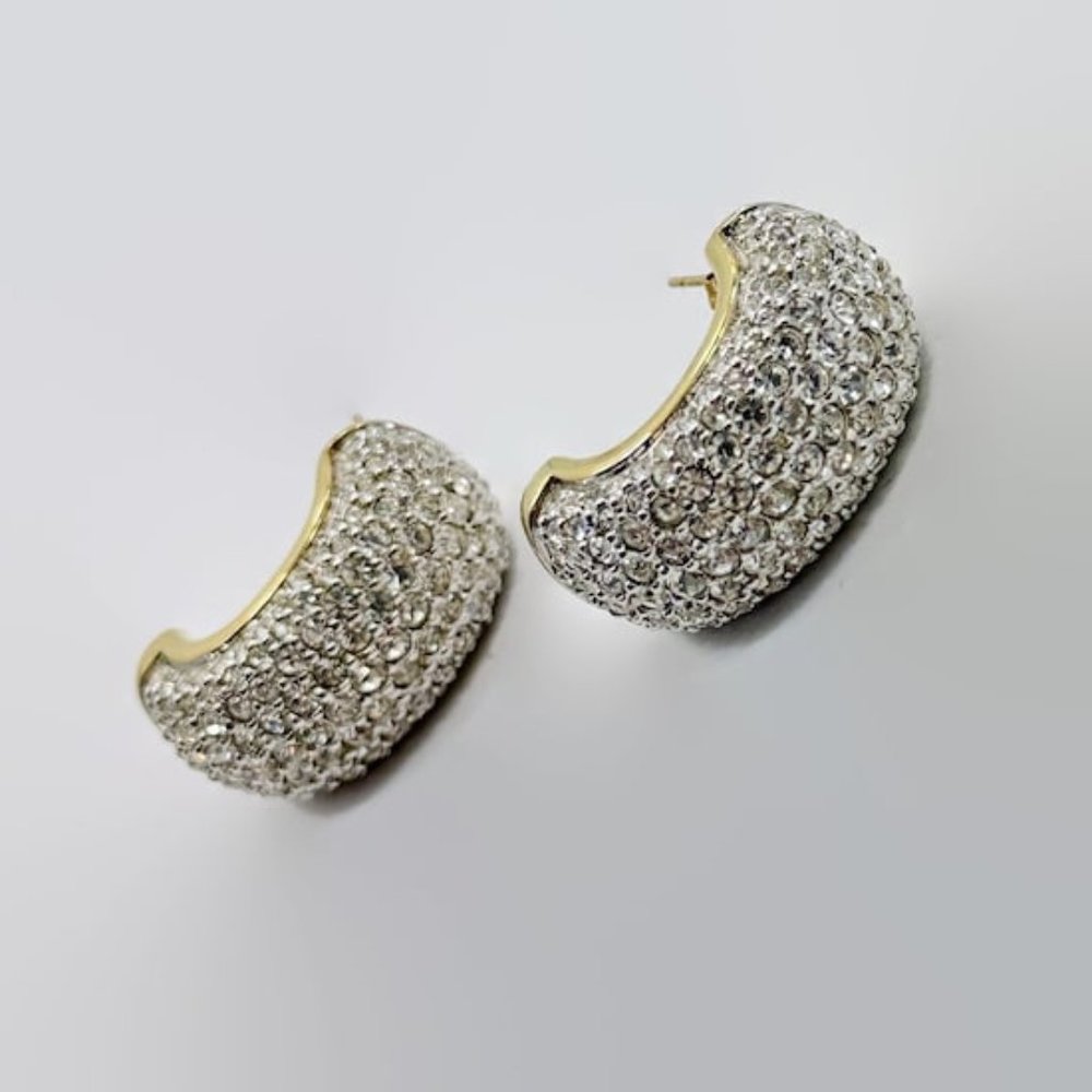 Swarovski Earrings, Crystal, Signed, Swan, Pierced, Pave, Gold Plated,Half Hoops